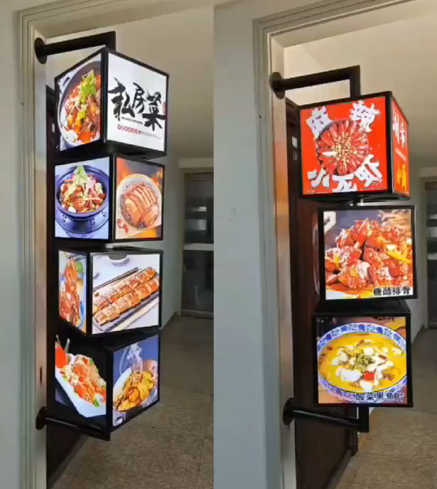 h&ocirc;p đ&egrave;n quảng c&aacute;o magic 4 mặt quay 360 độ treo tường